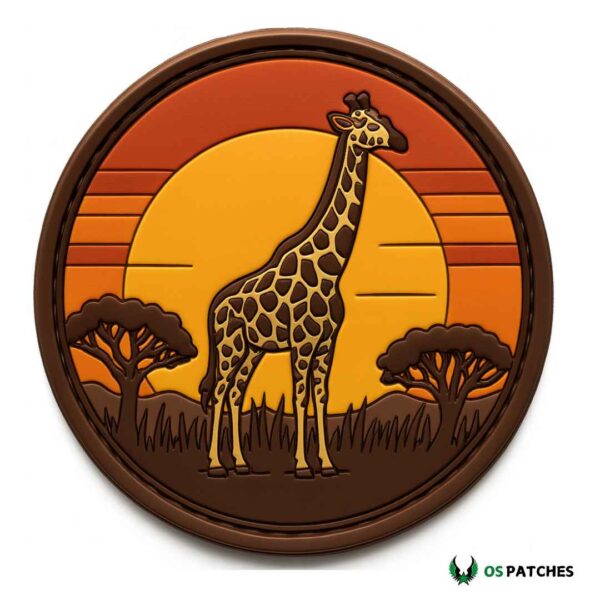 Round PVC patch with a giraffe silhouette against an African sunset.