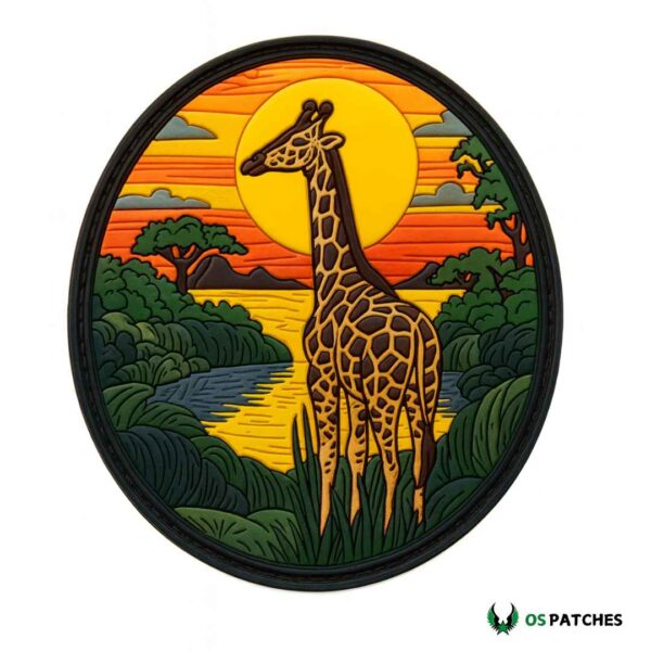 Giraffe PVC patch with sunset background and river scene