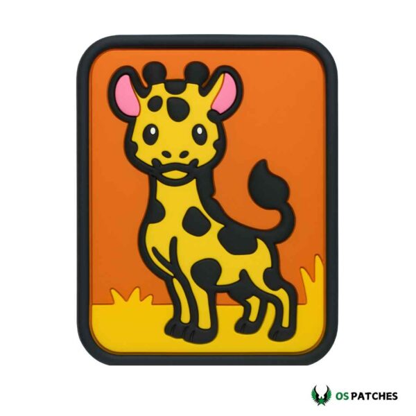 Cartoon giraffe PVC patch with orange background.