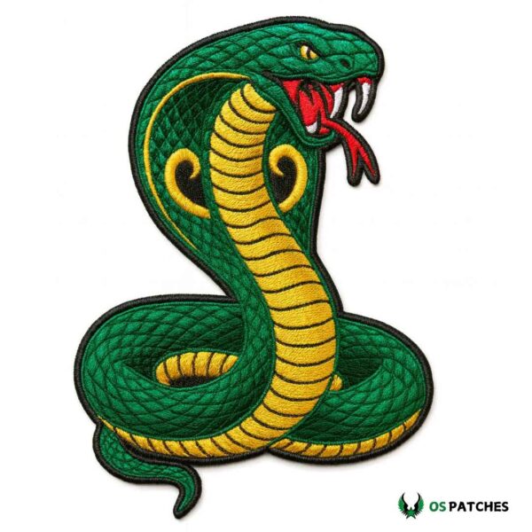 Embroidered cobra snake patch with green scales and yellow belly.
