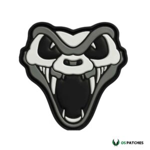 Fierce black and gray PVC snake head patch with fangs exposed.