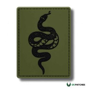 Rectangular olive green patch with black coiled snake design
