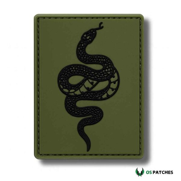 Rectangular olive green patch with black coiled snake design