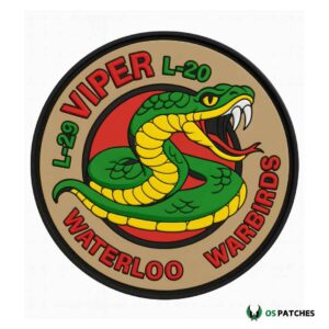 Round Viper patch with green snake, yellow belly, sharp fangs, and red Waterloo Warbirds text