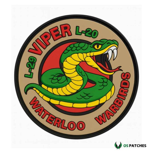 Round Viper patch with green snake, yellow belly, sharp fangs, and red Waterloo Warbirds text