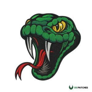 Embroidered green snake head patch with yellow eyes, sharp white fangs, and red tongue