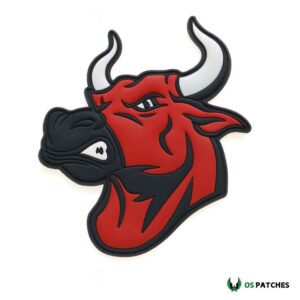 Red bull head patch with fierce expression, sharp horns, and bold details
