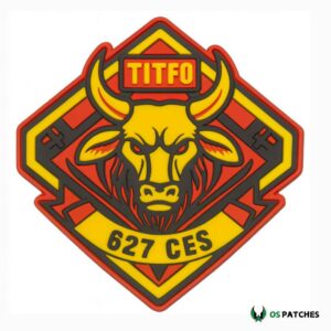 Aggressive bull head patch with red and yellow design and lettering