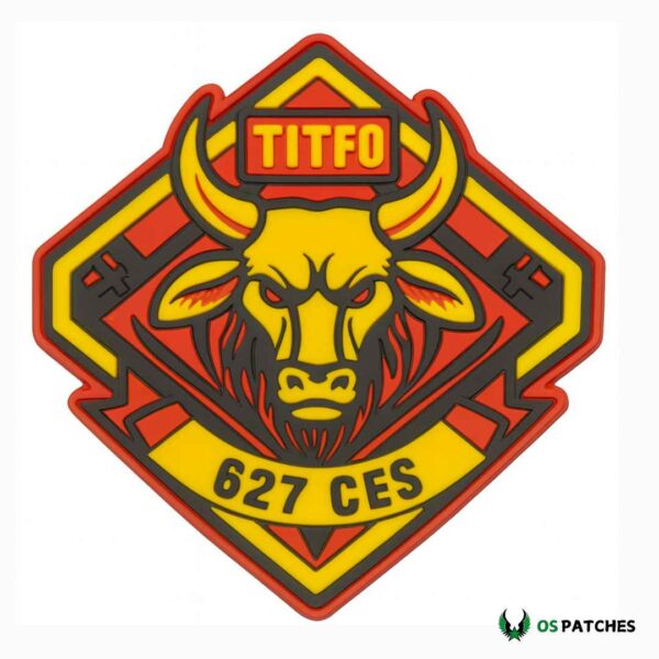 Aggressive bull head patch with red and yellow design and lettering