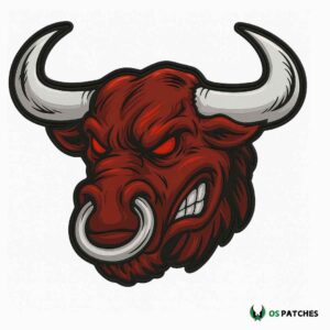 Fierce red bull head patch with glowing eyes and silver horns