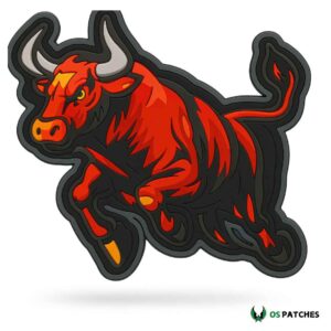 Red charging bull patch with bold details and black border design