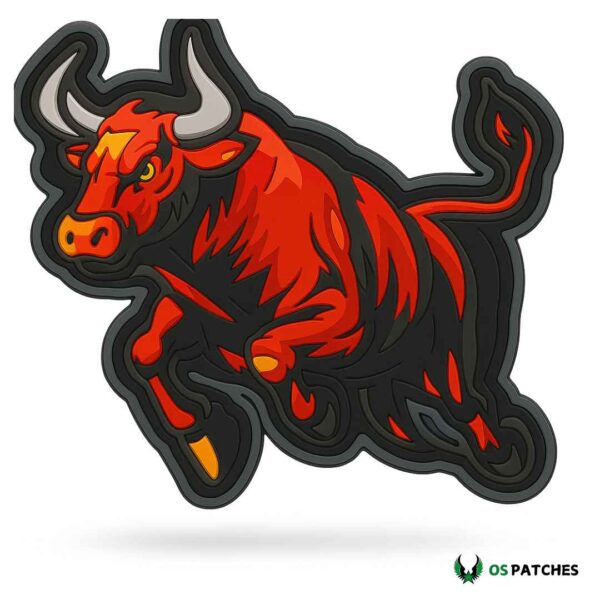 Red charging bull patch with bold details and black border design