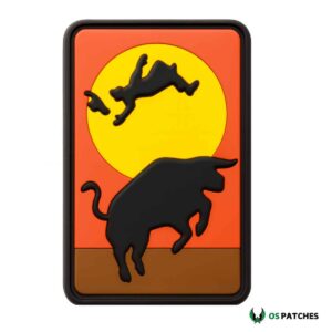 Black bull tossing man silhouette patch with sunset background design