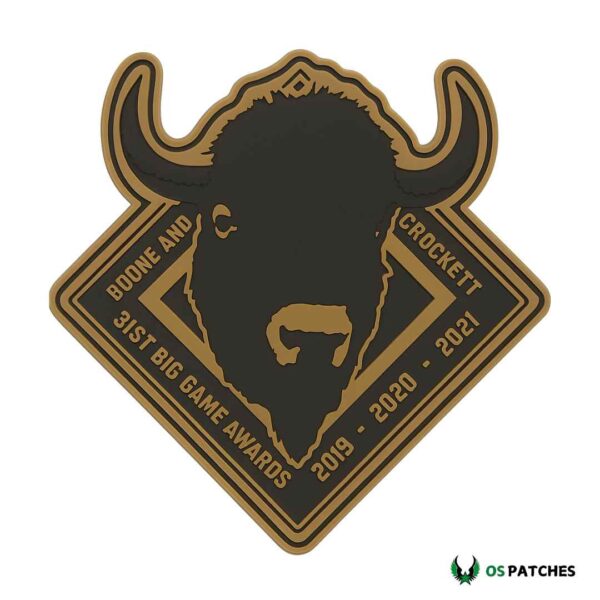 Bison head patch with Boone and Crockett big game awards text