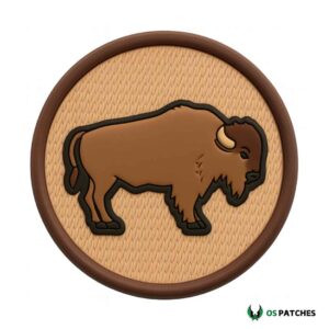 Brown bison patch design with bold outline on tan circular background