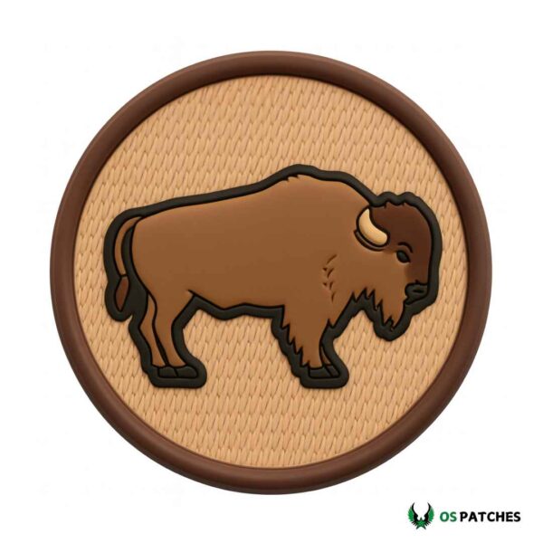 Brown bison patch design with bold outline on tan circular background
