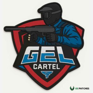 Gel Cartel PVC patch with masked player holding gun on red shield