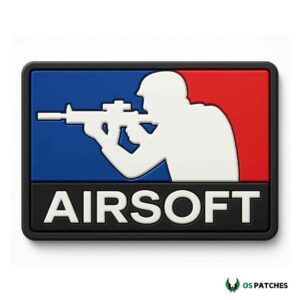 Airsoft patch logo design with soldier silhouette rifle red blue black background