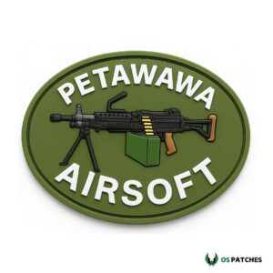 Petawawa Airsoft PVC patch with machine gun on green oval background