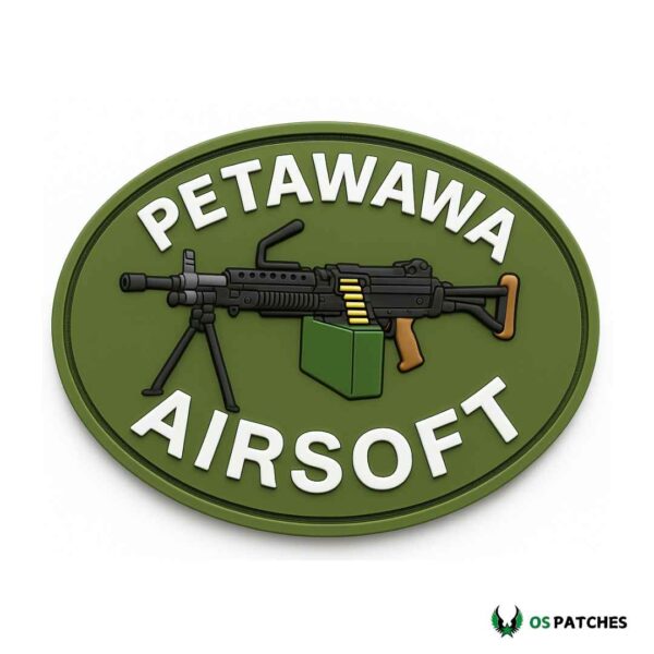 Petawawa Airsoft PVC patch with machine gun on green oval background