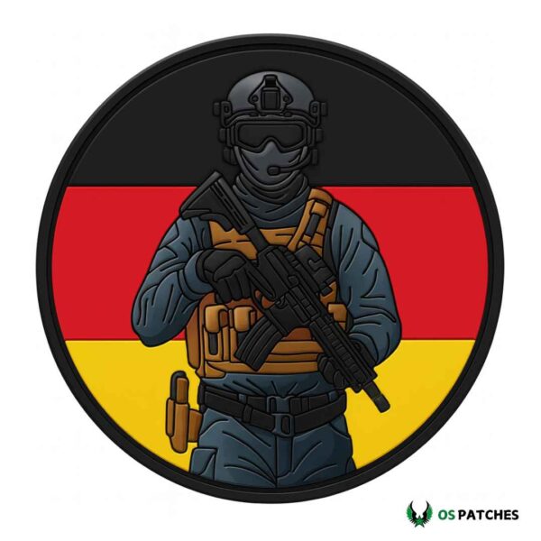 German soldier PVC patch with rifle and black red yellow flag background