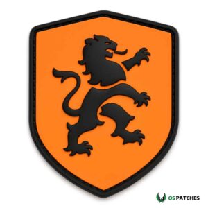 Orange PVC shield patch with black lion emblem symbolizing power and strength