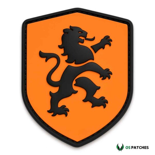 Orange PVC shield patch with black lion emblem symbolizing power and strength