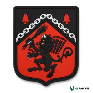 Krampus PVC patch with black demon holding broom and red background