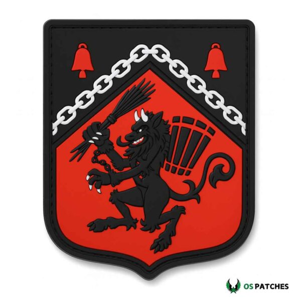 Krampus PVC patch with black demon holding broom and red background