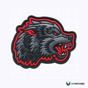 Wolf PVC patch with grey and black head outlined in red