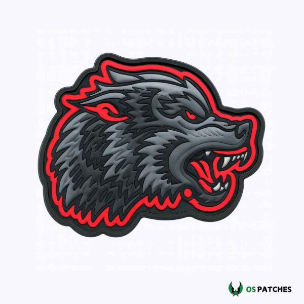Wolf PVC patch with grey and black head outlined in red