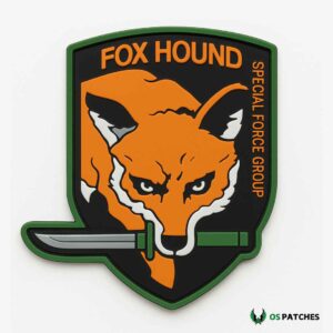 Fox Hound PVC patch with orange fox head and green knife on black shield