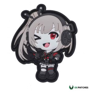 Anime girl tactical patch with headset, holding rifle, winking in cute style.