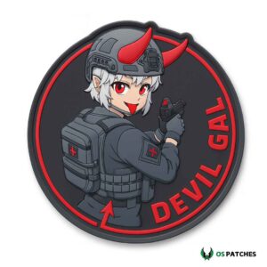 Devil Gal anime patch featuring red horns, helmet, tactical gear, and pistol.