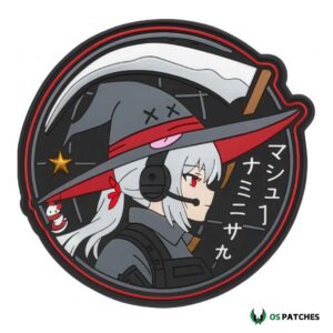 Anime witch tactical patch featuring headset, scythe, pointed hat, and Japanese text.