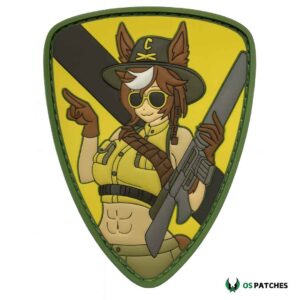 Anime girl soldier patch with sunglasses, hat, rifle, and yellow background.