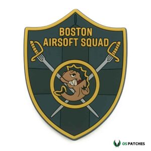 Boston Airsoft Squad patch with shield design, crossed swords, and fierce mascot emblem.
