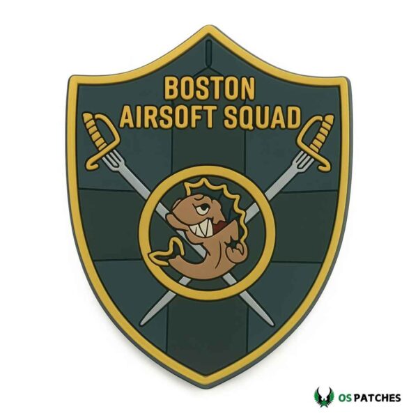 Boston Airsoft Squad patch with shield design, crossed swords, and fierce mascot emblem.