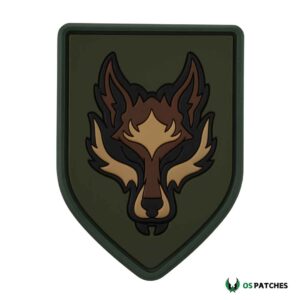 Wolf head tactical patch on green shield background, durable PVC airsoft design.
