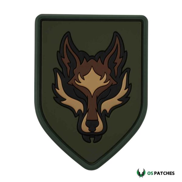 Wolf head tactical patch on green shield background, durable PVC airsoft design.