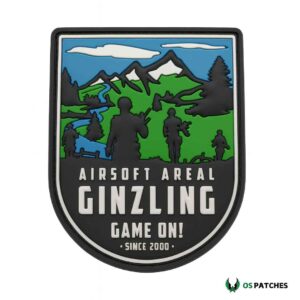 Airsoft Areal Ginzling patch with mountain design and tactical player silhouettes.