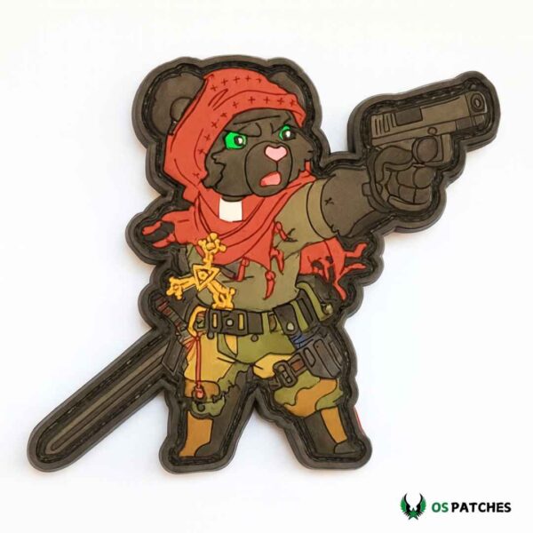Tactical bear PVC patch wearing red hood and holding pistol with sword