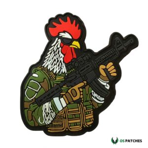 Tactical airsoft rooster PVC patch with rifle wearing sunglasses and green combat gear