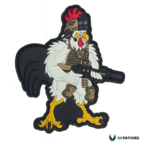 Funny tactical chicken PVC patch wearing armor and holding a rifle