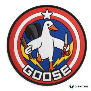 Funny goose patch superhero style holding scissors comb shield red white blue