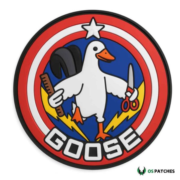 Funny goose patch superhero style holding scissors comb shield red white blue