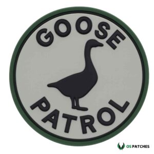 Goose Patrol PVC patch with black goose silhouette on grey round background