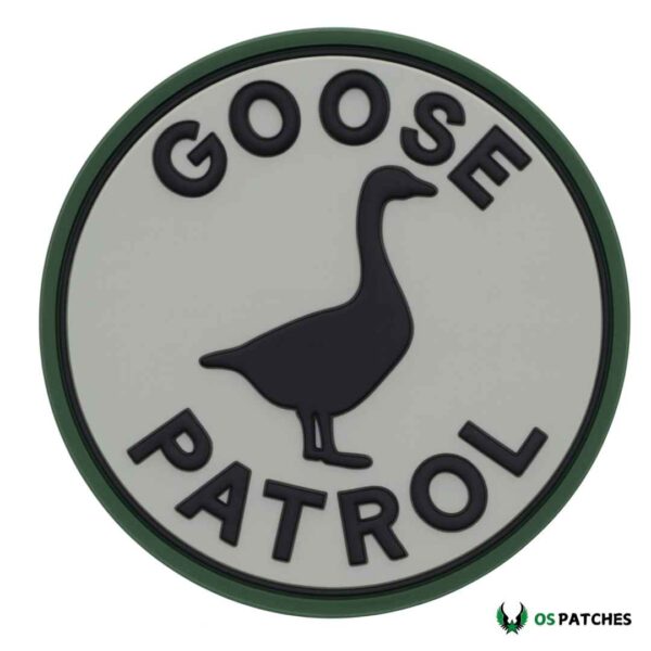 Goose Patrol PVC patch with black goose silhouette on grey round background
