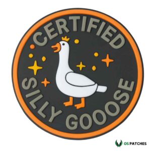 Certified silly gooose patch with crown cartoon design funny round black background