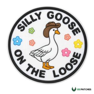 Silly goose patch with cowboy hat surrounded by colorful flowers funny design